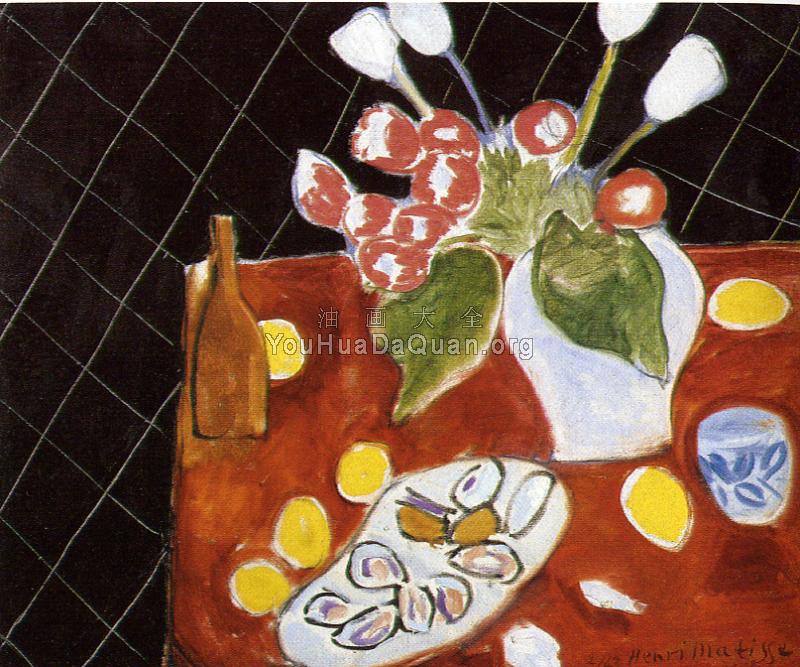 黑色背景下的郁金香与牡蛎 - 亨利·马蒂斯